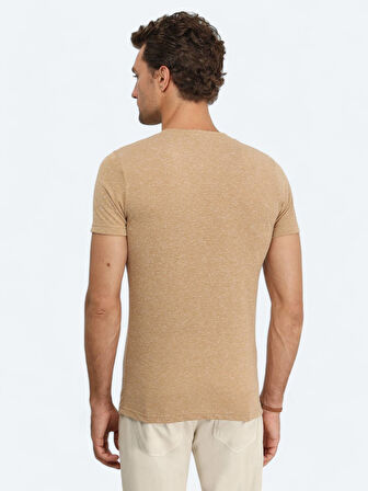 Deve Tüyü Baskılı Bisiklet Yaka Keten Karışımlı T-Shirt