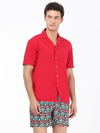 Kırmızı Desenli Regular Fit Dokuma Casual %100 Pamuk Gömlek