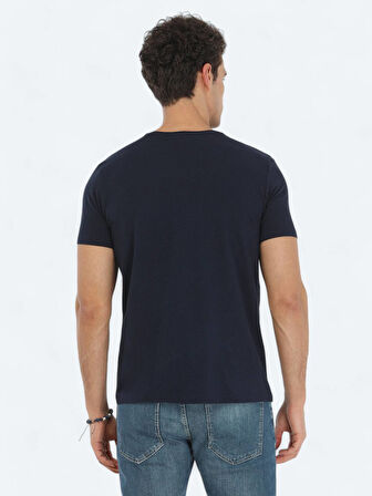 Lacivert Bisiklet Yaka Pamuk Karışımlı T-Shirt