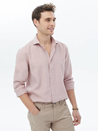Pembe Düz Regular Fit Dokuma Casual Pamuk Karışımlı Gömlek