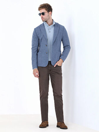 Mavi Düz Modern Fit Yün Karışımlı Örme Ceket