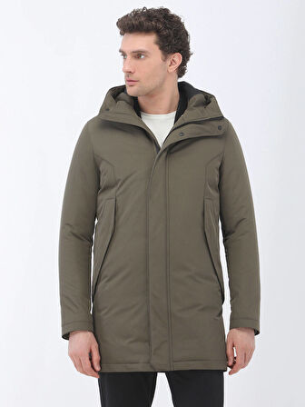 Haki Regular Fit Kapüşonlu Casual Dokuma Kaban