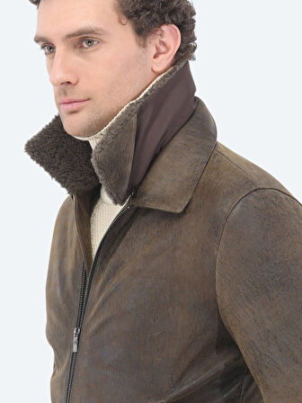 Vizon Regular Fit Bebe Yaka Smart Casual Koyun Derisi Deri Mont