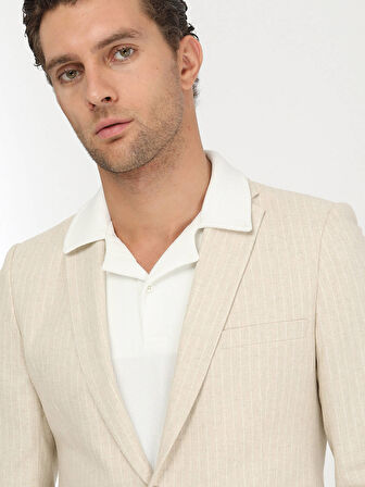 Bej Çizgili Slim Fit Pamuk Karışımlı Ceket