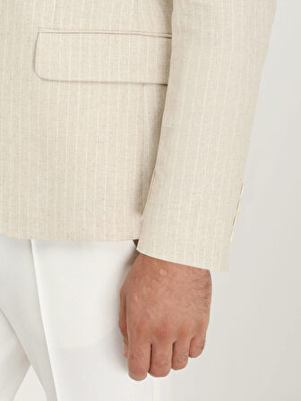 Bej Çizgili Slim Fit Pamuk Karışımlı Ceket