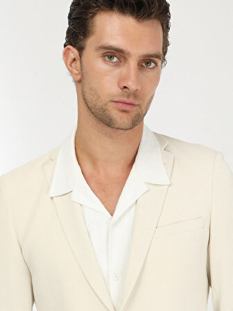 Ekru Düz Slim Fit Örme Ceket