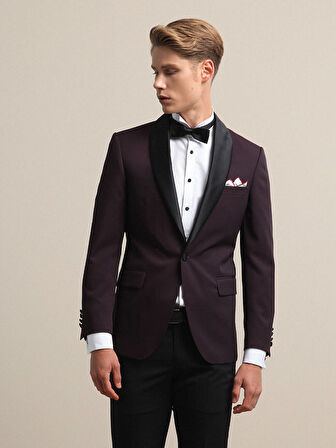 Bordo Slim Fit Çıkarılabilir Şal Yaka Dokuma Smokin Takım Elbise