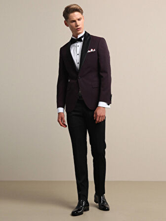 Bordo Slim Fit Çıkarılabilir Şal Yaka Dokuma Smokin Takım Elbise