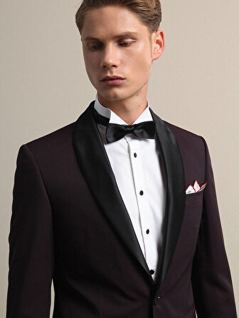 Bordo Slim Fit Çıkarılabilir Şal Yaka Dokuma Smokin Takım Elbise