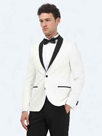 Ekru Düz Slim Fit Şal Yaka Dokuma Smokin Takım Elbise