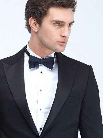 Siyah Düz Slim Fit Kruvaze Yaka Dokuma Smokin Takım Elbise