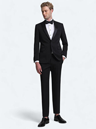 Siyah Slim Fit Kelebek Yaka Dokuma Smokin Takım Elbise