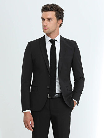 Siyah Düz Slim Fit Yün Karışımlı Takım Elbise