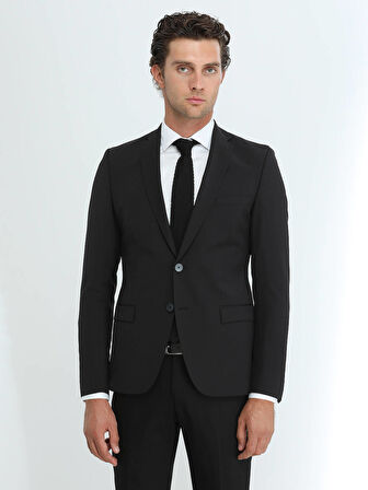Siyah Düz Slim Fit Yün Karışımlı Takım Elbise