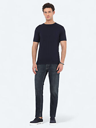 Lacivert Bisiklet Yaka Pamuk Karışımlı T-Shirt