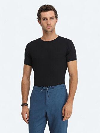 Lacivert Bisiklet Yaka Jakarlı Triko