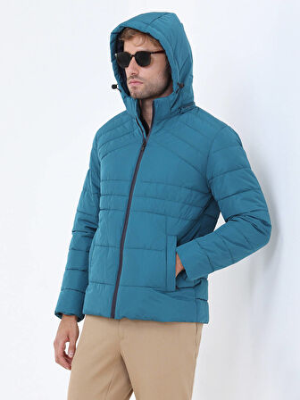Petrol Regular Fit Kapüşonlu Casual Dokuma Mont