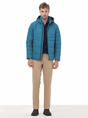 Petrol Regular Fit Kapüşonlu Casual Dokuma Mont