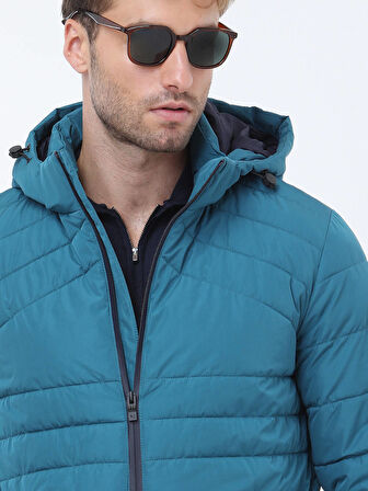 Petrol Regular Fit Kapüşonlu Casual Dokuma Mont