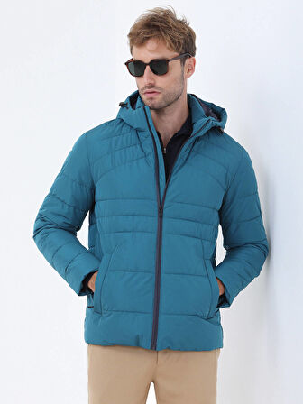 Petrol Regular Fit Kapüşonlu Casual Dokuma Mont