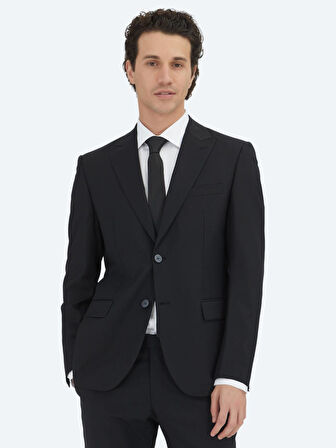 Siyah Düz Modern Fit Yün Karışımlı Takım Elbise