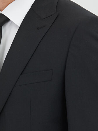 Siyah Düz Modern Fit Yün Karışımlı Takım Elbise