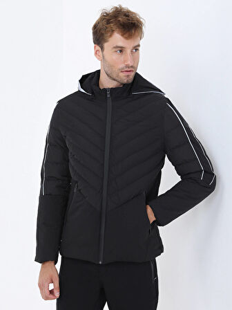 Siyah Regular Fit Kapüşonlu Casual Dokuma Mont