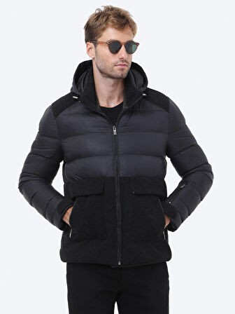 Siyah Regular Fit Kapüşonlu Casual Dokuma Mont