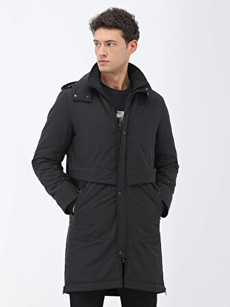 Siyah Regular Fit Kapüşonlu Casual Dokuma Kaban