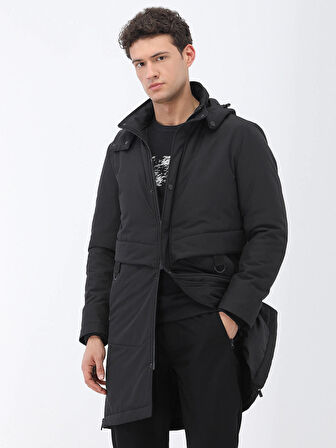 Siyah Regular Fit Kapüşonlu Casual Dokuma Kaban