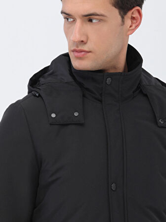 Siyah Regular Fit Kapüşonlu Casual Dokuma Kaban