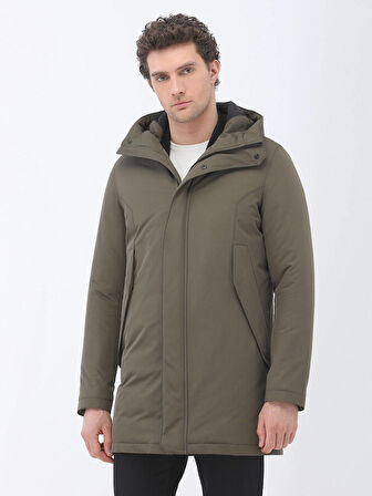 Haki Regular Fit Kapüşonlu Casual Dokuma Kaban