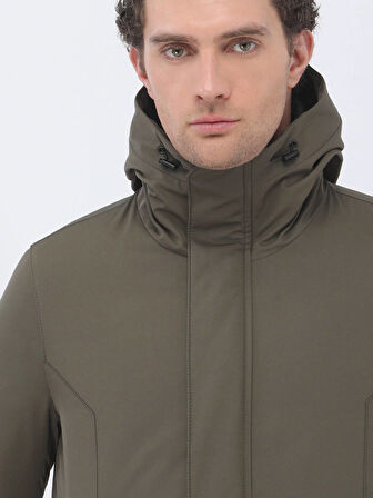Haki Regular Fit Kapüşonlu Casual Dokuma Kaban