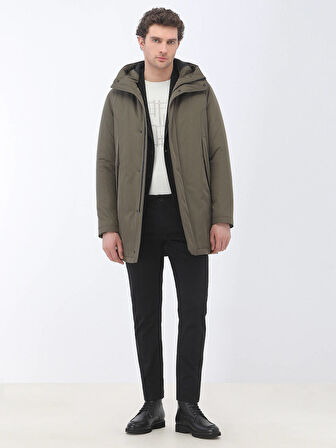 Haki Regular Fit Kapüşonlu Casual Dokuma Kaban