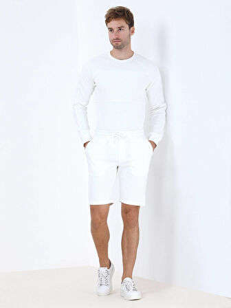 Ekru Düz Örme Jogging Fit Spor Bermuda