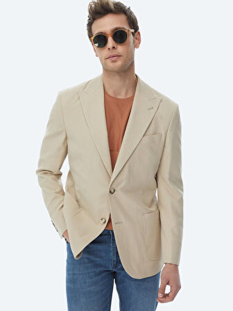 Bej Çizgili Modern Fit Pamuk Karışımlı Ceket