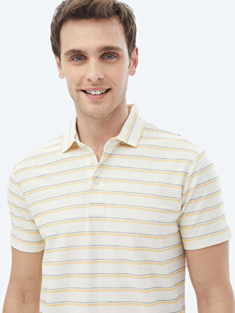 Ekru Çizgili Polo Yaka Pamuk Karışımlı T-Shirt