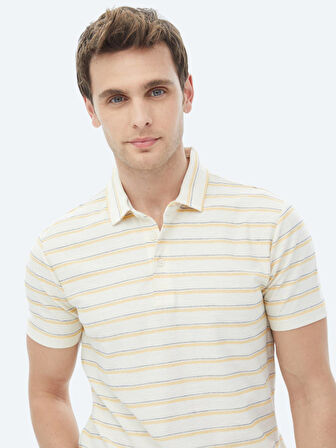 Ekru Çizgili Polo Yaka Pamuk Karışımlı T-Shirt