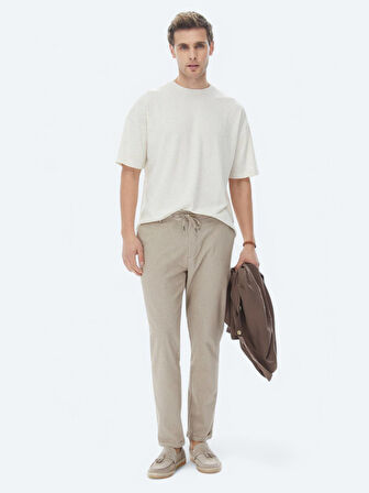 Bej Jakarlı Bisiklet Yaka Keten Karışımlı T-Shirt