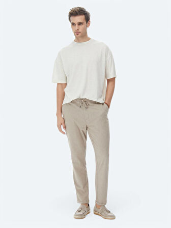 Bej Jakarlı Bisiklet Yaka Keten Karışımlı T-Shirt