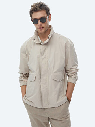 Bej Oversize Fit Dik Yaka Casual Dokuma Mont