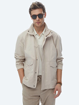 Bej Oversize Fit Dik Yaka Casual Dokuma Mont