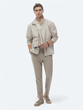 Bej Oversize Fit Dik Yaka Casual Dokuma Mont