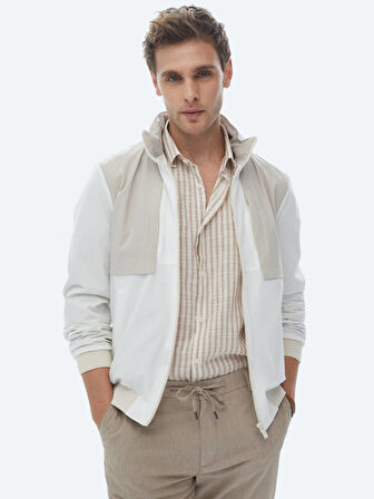 Beyaz Regular Fit Kapüşonlu Casual Dokuma Mont