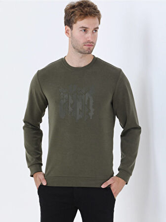 Haki Bisiklet Yaka Baskılı Sweatshırt