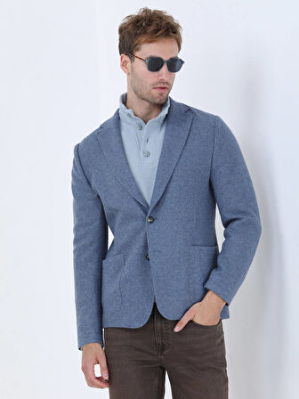 Mavi Düz Modern Fit Yün Karışımlı Örme Ceket