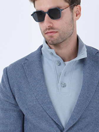 Mavi Düz Modern Fit Yün Karışımlı Örme Ceket