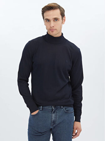Lacivert Tam Balıkçı Yaka Yün Karışımlı Triko Kazak