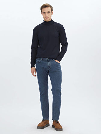 Lacivert Tam Balıkçı Yaka Yün Karışımlı Triko Kazak