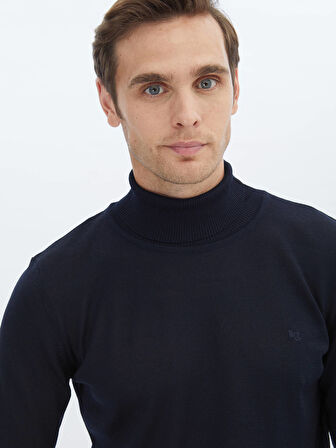 Lacivert Tam Balıkçı Yaka Yün Karışımlı Triko Kazak